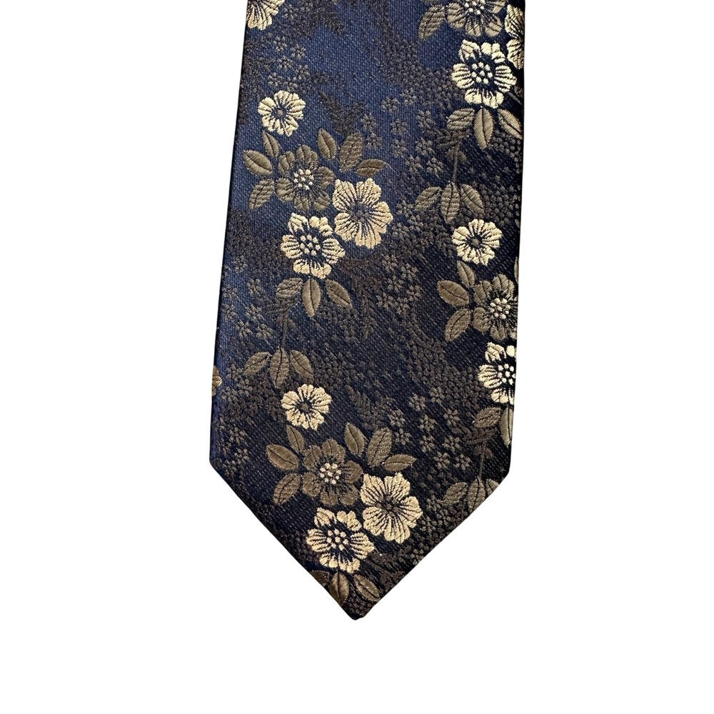 Navy Blue Gold Floral Brocade Handmade Mens Necktie Formal Wedding Tie 3.25in